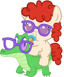 Size: 786x947 | Tagged: safe, artist:red4567, character:gummy, character:twist, species:pony, baby, baby pony, cute, glasses, pacifier, ponies riding gators, riding, twistabetes, weapons-grade cute