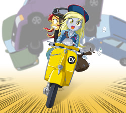 Size: 1200x1080 | Tagged: safe, artist:uotapo, character:derpy hooves, character:sunset shimmer, my little pony:equestria girls, bag, car, clothing, colored pupils, female, flcl, hat, mailbag, messenger bag, moped, motorcycle, open mouth, scooter, sunset helper, this will end in tears and/or death, vespa