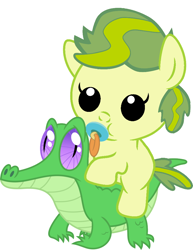 Size: 786x1017 | Tagged: safe, artist:red4567, character:apple bud, character:gummy, species:pony, baby, baby pony, cute, pacifier, ponies riding gators, riding, weapons-grade cute