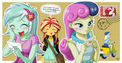 Size: 1200x624 | Tagged: safe, artist:uotapo, character:bon bon, character:derpy hooves, character:lyra heartstrings, character:princess celestia, character:sunset shimmer, character:sweetie drops, ship:lyrabon, my little pony:equestria girls, adorabon, bag, blushing, clothing, colored pupils, cute, dialogue, driving, engrish, envelope, eyes closed, female, flcl, implied lyrabon, leather jacket, lesbian, lyrabetes, moped, motorcycle, open mouth, scooter, shimmerbetes, shipping, shoes, shorts, socks, speech bubble, stamp, sunset helper, uotapo is trying to murder us, vehicle, vespa
