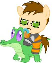 Size: 786x947 | Tagged: safe, artist:red4567, character:gummy, species:pony, baby, baby pony, crossover, cute, glasses, gordon freeman, half-life, half-life 2, pacifier, ponies riding gators, ponified, riding