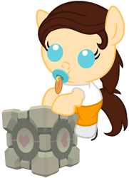 Size: 728x1006 | Tagged: safe, artist:red4567, species:pony, baby, baby pony, chell, companion cube, crossover, cute, pacifier, ponified, portal (valve), portal 2, riding, solo