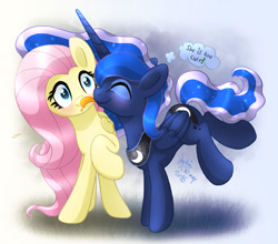 Size: 2250x1980 | Tagged: safe, artist:joakaha, character:fluttershy, character:princess luna, ship:lunashy, blushing, cute, dialogue, eyes closed, female, lesbian, licking, open mouth, raised hoof, shipping, signature, speech bubble, tongue out