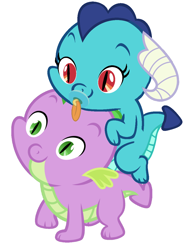 Size: 856x1148 | Tagged: safe, artist:millennial dan, artist:red4567, character:princess ember, character:spike, species:dragon, ship:emberspike, baby dragon, baby spike, cute, dragons riding dragons, emberbetes, female, male, pacifier, riding, shipping, simple background, smiling, spikabetes, straight, white background