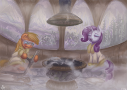 Size: 1235x875 | Tagged: safe, artist:jowyb, character:applejack, character:rarity, episode:applejack's day off, bathrobe, clothing, duo, eyes closed, fixing, goggles, hoof hold, licking, licking lips, pipe (plumbing), robe, sauna, signature, sitting, spa, steam, steam room, tongue out, workaholic, wrench