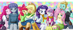 Size: 1465x612 | Tagged: safe, artist:uotapo, character:apple bloom, character:applejack, character:fluttershy, character:maud pie, character:pinkie pie, character:rarity, character:sweetie belle, character:zephyr breeze, episode:flutter brutter, g4, my little pony: friendship is magic, my little pony:equestria girls, :3, big sister, blushing, boots, breasts, brother and sister, cleavage, clothing, colored pupils, cowboy hat, cute, denim skirt, equestria girls-ified, female, group, hat, jeans, little sister, maudabetes, pants, shorts, siblings, sisters, skirt, smiling, stetson, uotapo is trying to murder us, when she smiles, zephyrbetes
