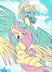 Size: 614x838 | Tagged: safe, artist:jowyb, character:fluttershy, character:zephyr breeze, episode:flutter brutter, g4, my little pony: friendship is magic, big sister, brother and sister, cute, one eye closed, open mouth, signature