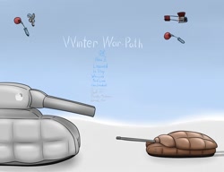 Size: 1280x983 | Tagged: safe, artist:the-furry-railfan, oc, oc only, oc:featherweight, oc:night strike, species:pegasus, species:pony, bomb, cannon, clothing, flying machine, outdoors, ratte, snow, solo, story, t28, tank (vehicle), title page, weapon