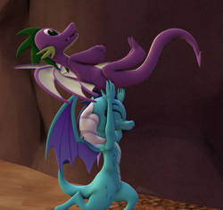 Size: 1147x1080 | Tagged: safe, artist:red4567, character:princess ember, character:spike, species:dragon, ship:emberspike, 3d, carrying, female, happy, husbando thief, male, older, older spike, running, shipping, source filmmaker, straight, winged spike