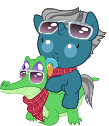 Size: 836x967 | Tagged: safe, artist:red4567, character:fashion plate, character:gummy, species:pony, episode:canterlot boutique, g4, my little pony: friendship is magic, baby, baby pony, cute, pacifier, ponies riding gators, riding, weapons-grade cute