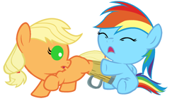 Size: 1280x733 | Tagged: safe, artist:red4567, character:applejack, character:rainbow dash, baby dash, babyjack, cider, cup, cute, dashabetes, foal, hooves, jackabetes, red4567 is trying to murder us, stuck, weapons-grade cute