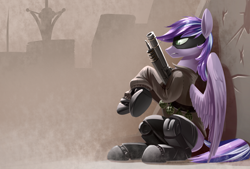 Size: 1748x1181 | Tagged: safe, artist:underpable, oc, oc only, oc:starshine bomber, species:pegasus, species:pony, fallout equestria, clothing, grenade, gun, prosthetics, sandstorm, solo, weapon