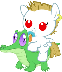Size: 786x917 | Tagged: safe, artist:red4567, character:bulk biceps, character:gummy, species:pegasus, species:pony, alligator, baby, baby pony, bulkabetes, colt, cute, duo, duo male, foal, gummybetes, male, pacifier, ponies riding gators, riding, roid rage, small wings, weapons-grade cute, wings