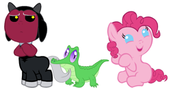 Size: 1586x817 | Tagged: safe, artist:red4567, character:gummy, character:lord tirek, character:pinkie pie, species:centaur, species:pony, baby, baby centaur, baby pie, baby pony, baby tirek, cute, diapinkes, tail bite, tirebetes