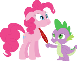 Size: 3577x2859 | Tagged: safe, artist:porygon2z, character:pinkie pie, character:spike, feather, floppy ears, puffy cheeks, simple background, stifling laughter, sweat, tickle torture, tickling, transparent background, trying too hard, vector