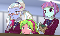 Size: 782x470 | Tagged: safe, artist:uotapo, character:lemon zest, character:sugarcoat, character:sunny flare, my little pony:equestria girls, bored, bow tie, clothing, cropped, crossover, crystal prep academy uniform, cute, fallout, glasses, headphones, pipboy, school uniform, sunny flare's wrist devices, zestabetes