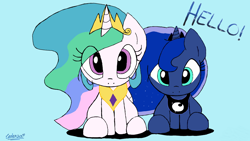 Size: 1280x720 | Tagged: safe, artist:leone di cielo, artist:zev, edit, character:princess celestia, character:princess luna, species:alicorn, species:pony, blue background, chibi, cute, cutelestia, female, hello, looking at you, love, lunabetes, magic, mare, simple background, sisters, sitting