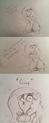 Size: 1280x3200 | Tagged: safe, artist:greyscaleart, character:fluttershy, character:rainbow dash, species:pony, comic, giant pony, hug, macro, size difference, sketch, smoldash, traditional art, unamused