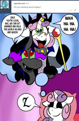 Size: 486x750 | Tagged: safe, artist:pembroke, character:king sombra, character:sweetie belle, meanie belle, ask meanie belle, crown, dream, happy, jewelry, laughing, queen, regalia, scepter, smiling