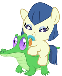 Size: 786x967 | Tagged: safe, artist:red4567, character:gummy, character:powder rouge, species:pony, baby, baby pony, cute, pacifier, ponies riding gators, riding, weapons-grade cute
