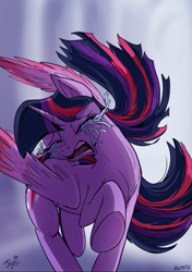 Size: 583x827 | Tagged: safe, artist:jowyb, character:twilight sparkle, character:twilight sparkle (alicorn), species:alicorn, species:pony, betrayed, colored wings, colored wingtips, crying, eyes closed, female, gums, hilarious in hindsight, open mouth, running, sad, screaming, signature, solo, tantrum, teeth, tongue out, trotting, upset, yelling