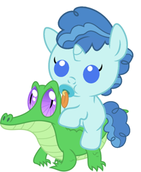 Size: 836x1017 | Tagged: safe, artist:red4567, character:gummy, character:party favor, species:pony, baby, baby pony, cute, favorbetes, pacifier, ponies riding gators, riding, weapons-grade cute