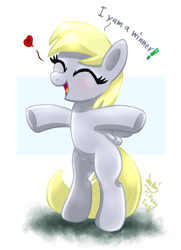 Size: 870x1200 | Tagged: safe, artist:joakaha, character:derpy hooves, species:pegasus, species:pony, g4, bipedal, cute, derpabetes, dialogue, eyes closed, female, filly, heart, open mouth, signature, solo, text