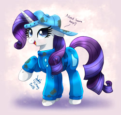 Size: 2000x1900 | Tagged: safe, artist:joakaha, character:rarity, episode:the cart before the ponies, g4, my little pony: friendship is magic, backwards ballcap, belt, clothing, dialogue, dirty, female, hat, mechanic, open mouth, pants, raised hoof, signature, solo, text