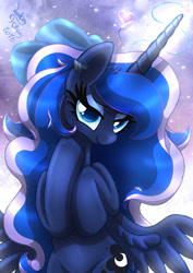 Size: 920x1300 | Tagged: safe, artist:joakaha, character:princess luna, species:alicorn, species:pony, bedroom eyes, cute, female, floating heart, glowing horn, hair bow, heart, horn, looking at you, lunabetes, mare, remake, signature, solo, spread wings, wings
