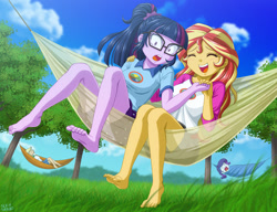 Size: 1153x884 | Tagged: safe, artist:uotapo, character:applejack, character:rarity, character:sunset shimmer, character:twilight sparkle, character:twilight sparkle (scitwi), species:eqg human, equestria girls:legend of everfree, g4, my little pony: equestria girls, my little pony:equestria girls, barefoot, blushing, camp everfree outfits, cute, eyes closed, feet, female, grass, hammock, holding hands, jackabetes, laughing, legs, open mouth, ponytail, raribetes, screaming, shimmerbetes, sitting, smiling, surprised, sweet dreams fuel, toenails, toes, tree, twiabetes, uotapo is trying to murder us, uotapo will kill us all, weapons-grade cute, wide eyes