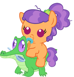 Size: 986x1017 | Tagged: safe, artist:red4567, character:gummy, character:plaid stripes, species:pony, episode:the saddle row review, g4, my little pony: friendship is magic, baby, baby pony, cute, pacifier, plaidabetes, ponies riding gators, riding, spoon, weapons-grade cute