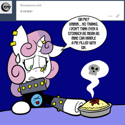Size: 576x576 | Tagged: safe, artist:pembroke, character:sweetie belle, meanie belle, disgusted, food, pie, sempai, skull