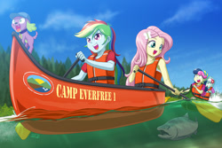 Size: 1200x800 | Tagged: safe, artist:uotapo, character:bon bon, character:fluttershy, character:lyra heartstrings, character:rainbow dash, character:spike, character:spike (dog), character:sweetie drops, species:dog, equestria girls:legend of everfree, g4, my little pony: equestria girls, my little pony:equestria girls, boat, camp everfree, canoe, canoeing, cap, clothing, cloud, duo, female, fish, hat, lifejacket, male, oar, open mouth, rapids, river, rowing, salmon, sky, tree, water