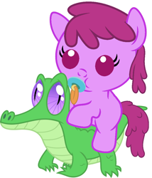 Size: 786x917 | Tagged: safe, artist:red4567, character:berry punch, character:berryshine, character:gummy, species:pony, baby, baby pony, berrybetes, cute, pacifier, ponies riding gators, riding, weapons-grade cute