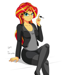 Size: 1000x1183 | Tagged: safe, artist:thebrokencog, artist:twilite-sparkleplz, character:sunset shimmer, my little pony:equestria girls, car keys, clothing, collaboration, crossed legs, cute, female, glasses, good trick, key, looking at you, pantyhose, simple background, sitting, skirt, solo, spinning, white background