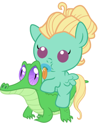 Size: 886x1067 | Tagged: safe, artist:red4567, character:gummy, character:zephyr breeze, species:pony, baby, baby pony, cute, pacifier, ponies riding gators, riding, weapons-grade cute, zephyrbetes