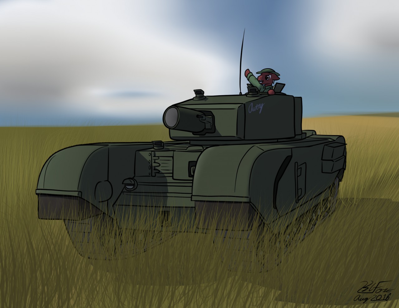 1233798 - safe, artist:the-furry-railfan, oc, oc only, oc:mad jack,  species:earth pony, species:pony, brodie helmet, cannon, churchill avre,  clothing, fallout equestria, fallout equestria: empty quiver, field, gun,  hat, helmet, machine gun, outdoors ...