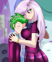 Size: 900x1077 | Tagged: safe, artist:thebrokencog, character:fleur-de-lis, character:spike, my little pony:equestria girls, boob smothering, breasts, busty fleur-de-lis, clothing, commission, crack shipping, crystal prep academy uniform, crystal prep shadowbolts, cute, equestria girls-ified, eyes closed, fanfic art, female, fleur-de-spike, human coloration, male, pleated skirt, school uniform, secret admirer, shipping, skirt, smothering, straight