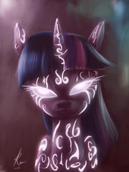 Size: 768x1024 | Tagged: safe, artist:grissaecrim, character:twilight sparkle, species:pony, species:unicorn, female, glow, glowing eyes, looking at you, mare, runes, solo, tattoo