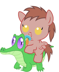 Size: 836x1017 | Tagged: safe, artist:red4567, character:gummy, oc, oc:chip, species:pony, baby, baby pony, cute, ocbetes, pacifier, ponies riding gators, riding