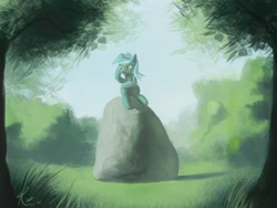 Size: 880x660 | Tagged: dead source, safe, artist:grissaecrim, character:lyra heartstrings, species:pony, species:unicorn, female, mare, rock, sitting, solo, thinking