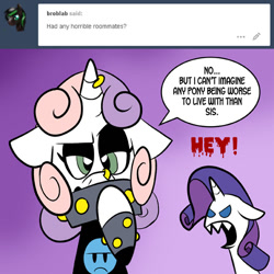 Size: 576x576 | Tagged: safe, artist:pembroke, character:rarity, character:sweetie belle, meanie belle, dialogue, pitfall rarity