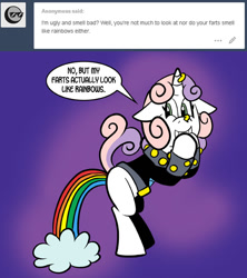 Size: 576x648 | Tagged: safe, artist:pembroke, character:sweetie belle, meanie belle, dialogue, fart, female, rainbow, rainbow fart, smiling, solo