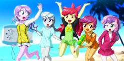 Size: 2031x1000 | Tagged: safe, artist:uotapo, character:apple bloom, character:diamond tiara, character:scootaloo, character:silver spoon, character:sweetie belle, species:pegasus, species:pony, my little pony:equestria girls, adorabloom, barefoot, beach, bow, clothing, colored pupils, cute, cutealoo, cutie mark crusaders, diamondbetes, diasweetes, feet, female, glasses, green swimsuit, hair bow, happy, island, ocean, one eye closed, one-piece swimsuit, open mouth, sand, silverbetes, skirt, sky, surfboard, swimsuit, tree, uotapo is trying to murder us, uotapo will kill us all, water, watergun, young