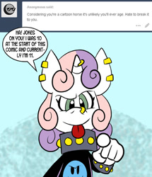 Size: 576x670 | Tagged: safe, artist:pembroke, character:sweetie belle, meanie belle, comic, dialogue, female, hand, solo