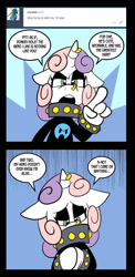 Size: 648x1332 | Tagged: safe, artist:pembroke, character:sweetie belle, species:pony, meanie belle, abstract background, ask, ask meanie belle, comic, dialogue, female, horn piercing, nose piercing, nose ring, piercing, solo, suddenly hands, tumblr
