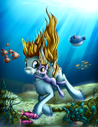 Size: 3840x5000 | Tagged: safe, artist:neko-me, character:dinky hooves, character:prince blueblood, fanfic:where is my love?, absurd resolution, bubble, fanfic art, father and daughter, female, fish, glowing horn, magic, male, open mouth, smiling, underwater