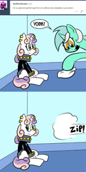 Size: 576x1152 | Tagged: safe, artist:pembroke, character:lyra heartstrings, character:sweetie belle, meanie belle, comic, dialogue, hand, that pony sure does love hands