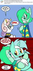 Size: 576x1224 | Tagged: safe, artist:pembroke, character:lyra heartstrings, character:sweetie belle, meanie belle, comic, dialogue, hand, mint, super genius mint
