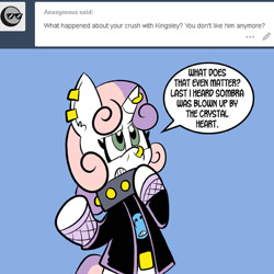 Size: 576x576 | Tagged: safe, artist:pembroke, character:king sombra, character:sweetie belle, meanie belle, ask king sombra, dialogue, female, kingsley, simple background, solo